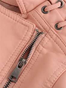 新款春秋季女士皮夹克，短款修身薄款仿皮机车夹克 粉色 - 粉色 - 查看 6