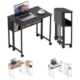 HOMCOM Small Folding Desk Foldable Computer Desk With Shelf, Wheels