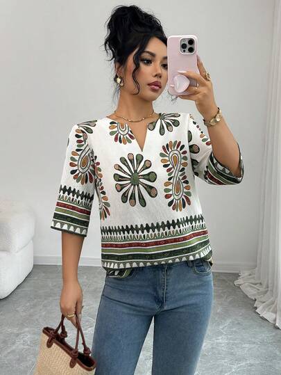 女士休闲、优雅、日常波西米亚风衬衫，饰以通勤、早午餐、春季、夏季和返校季几何印花。