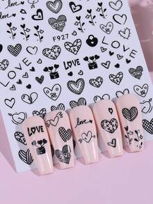 Bộ 6 miếng dán móng tay hình trái tim tối giản, họa tiết trái tim đen, nơ và xương rồng, tự làm đồ trang trí móng tay dễ thương cho ngày Valentine, hình dán 3D tự dính, phụ kiện làm móng ngày Valentine, dễ dán, phù hợp cho móng tay của phụ nữ và bé gái. - Đen và trắng - Xem 6