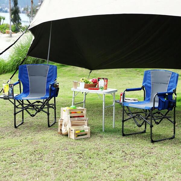 Oversized Camping Directors Chair - Heavy Duty Aluminum Foldable Camping Chair With Cup Holders - Portable Lawn Chair With Side Table And Pocket For Adults, Beach, Fishing, Picnic