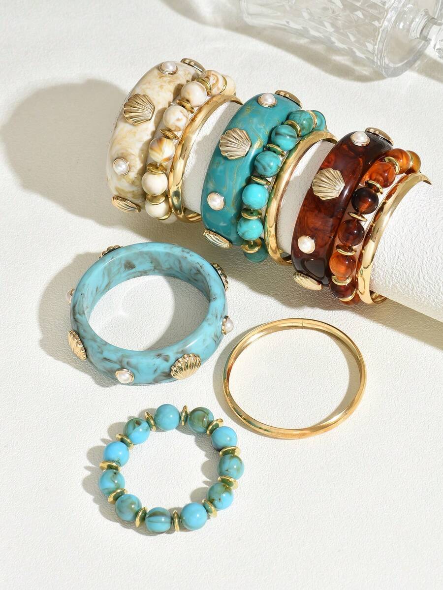 3pcs Bohemian Style Shell & Faux Pearl Ombre Resin 3-Layer Stacking Bracelet Set, Suitable For Women's Daily, Vacation, Casual, Party Wear, Jewelry Gift, Random Color - Multicolor - View 1