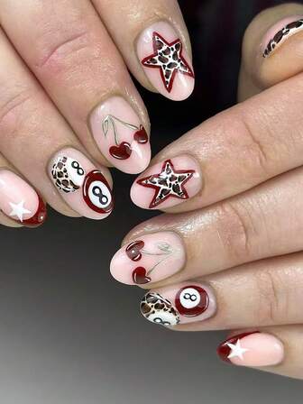 24pcs/Set Short Oval 3D Gel Leopard Print & Red French Manicure Nail Stickers, Includes Heart, Star, Cherry And Spade Patterns, 8 Designs Total, Perfect For Acrylic Nail Sets, Includes 1 Jelly Gel And 1 Nail File, Suitable For Daily Or Party Use By Girls