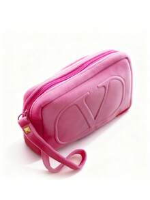 Valentino Materiel Pink Cosmetic Pouch With Detachable Satin Strap, Soft Velvet Makeup Bag Featuring Signature VLogo Medallion & Metal Zipper Pull - Hot Pink - View 7