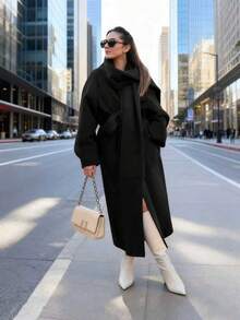 Áo khoác len cổ tròn cổ điển đa năng, tay dài ấm áp, phong cách quý cô thanh lịch, màu đỏ tía, thu/đông - màu đen - Xem 6