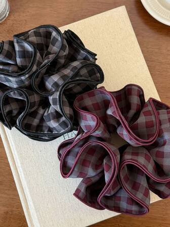 1pc Plaid Ruffle Hair Scrunchie - High Elastic Fluffy Fabric Hair Accessory, Suitable For Women Adult Daily Commute And Dating ,Hair Ties ,Scrunchy Hair Ties