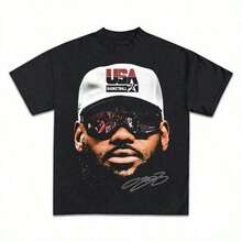 Hot-Selling Basketball C-Hosen One USA Basketball Theme Men's T-Shirt Retro Street Style Short Sleeve Top, Featuring Signature And Reflective Sunglasses Design - 黑色 - 查看 7