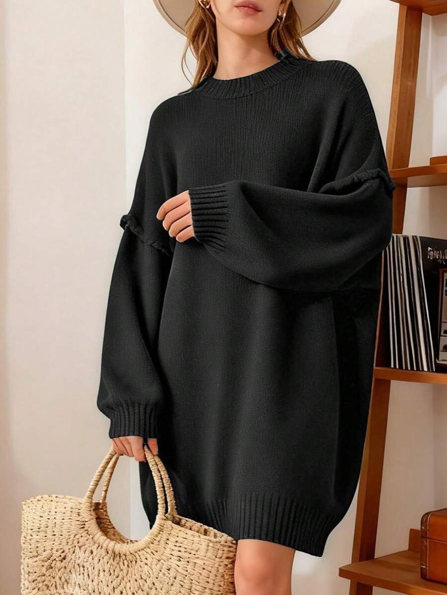 1pc Loose Solid Ribbed Knit Pullover Sweater Dress, Casual Everyday Wear, Autumn/Winter