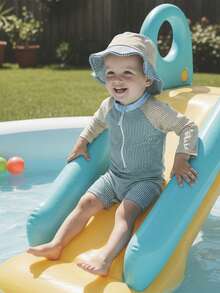 Cool Striped Zip-Up Swimsuit For Infant Boys  Contrast Color Long Sleeve Set With Sun Hat - Màu xanh bụi bặm - Xem 2
