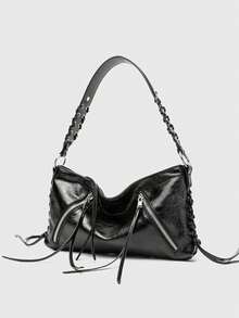 Style inspiré de la moto, ornements zippés, sac fourre-tout tressé, fermeture éclair, sac à épaule décontracté pour femmes, convient pour les vacances, les déplacements, les courses, etc. - Noir - Voir 3