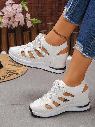 女士系带坡跟凉鞋，防水，露趾，镂空，厚底，撞色设计，防滑，夏季增高休闲凉鞋。圆头舒适步行鞋，女士假日派对必备休闲坡跟凉鞋，透气厚底纯色凉鞋