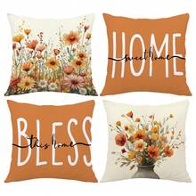 4 vỏ gối trang trí in họa tiết hoa cúc và hoa dại cổ điển "Home Sweet Home & Bless This Home", vải nhung đào, kích thước 17,7*17,7in (45*45cm), thích hợp để trang trí nhà cửa, ghế sofa, phòng ngủ, phòng khách, làm quà tặng - Nhiều màu - Xem 3
