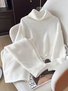 Damski swobodny sweter z dzianiny i długa spódnica, sweter z wysokim kołnierzem i długa spódnica w jednym kolorze, jesień/zima