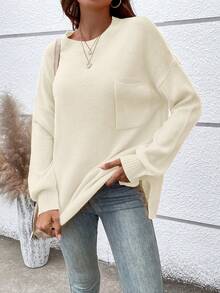 Women's Casual Crew Neck Pullover Solid Color Drop Shoulder Patch Pocket Sweater - Beige - View 4