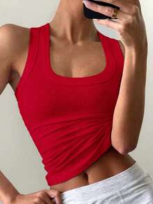 女款 Y2K 性感極簡休閒運動背心，無袖方領夏季款 - 大紅色 - 查看 7