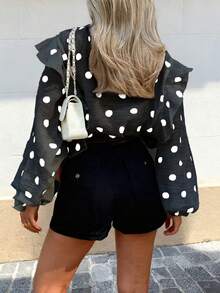 HUACAITA 复古波点印花衬衫，宽松雪纺灯笼袖，荷叶边装饰，透视纽扣衬衫，街头风，海滩度假黑色夏季 - 黑色 - 查看 2