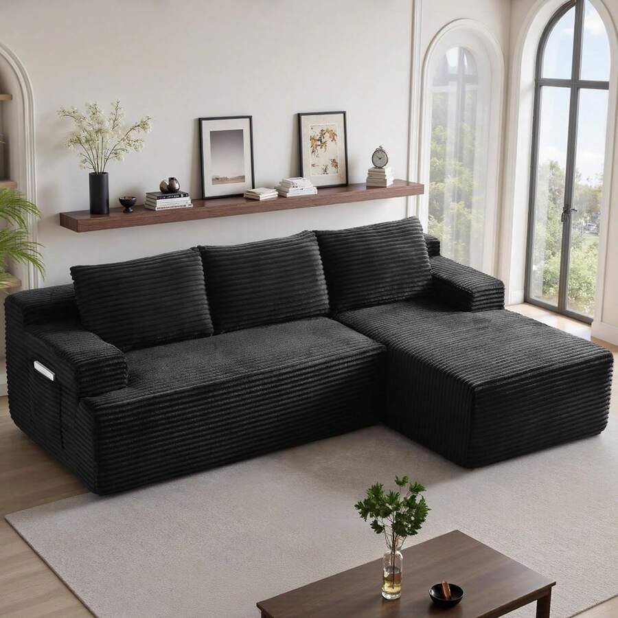 96''Sectional Couches For Living Room,Modern Modular Sectional Sofa,Upholstered Boneless Couch With Pockets,Comfy Cloud Couch With L Shaped Chaise (Black, 96''W Left Facing Chaise/Right Facing Chaise) - 黑色 - 查看 1