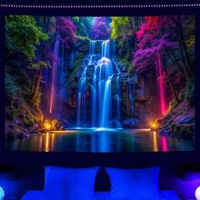 Blacklight Waterfall Tapestry - Reactive Glow In Dark Neon Forest Wall Hanging, Vibrant Nature Landscape Wonderland Bedroom, Living Room Decor - 51.2 Inchx 59.1 Inch - 瀑布式 + 59.1吋長 x 51.2吋寬 - 查看 2