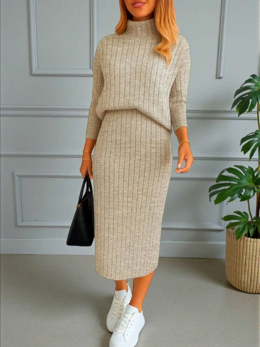 Conjunto Falda y Sueter Tedido de Punto Comodo #SensaciónDelujo #EstiloRomanticoDeSanValentín - Beige Rayas - Ver 1