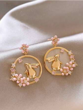 1 Pair Elegant Glazed Floral Rabbit Design Earrings, Luxurious & Unique, Suitable For Women's Daily Wear, Gift