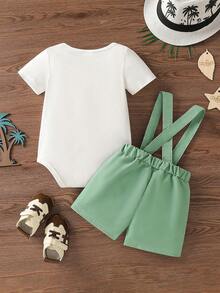 Bộ 2 món cho bé gái mùa hè, gồm áo liền quần và quần yếm in hình cây dừa thắt nơ. - trắng - Xem 2