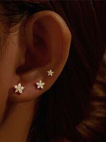 3 Pieces Set Flower 925 Sterling Silver Earring Women Romantic Stud Earring 18K Gold Plated Helix Cartilage For Daily Wear Wedding Party Engagement Christmas Gifts Fine Jewelry