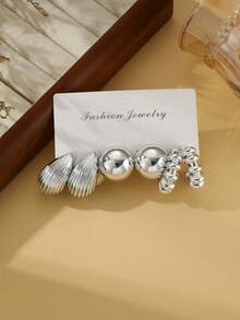 Set de 6/18 pendientes de moda en plata, incluye diseños florales, con textura de concha, brillantes, aros minimalistas, estilos mixtos adecuados para uso diario - Plateado - Ver 8