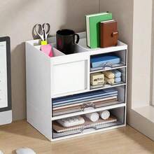 1件桌面笔筒简约抽屉笔杯多功能文具收纳盒大容量办公收纳盒 - 白色 - 查看 10