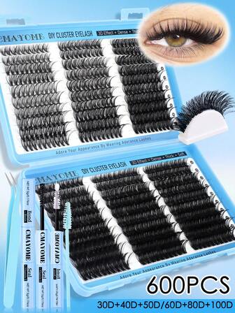 CMAYOME 600pcs/Set Natural Soft False Eyelashes Kit, Includes 10D-100D Mixed Density, 8-16mm Length, D-Curl Fluffy Lashes, Suitable For Beginners Daily DIY Eyelashes, Cartoon Style Lashes And DIY Segment Extension Lashes. The Set Contains Eyelash Glue, Tweezers And Eyelash Brush, Perfect For Daily Outings, Work, Family Gatherings, Dates, Vacations, Travels And More.
