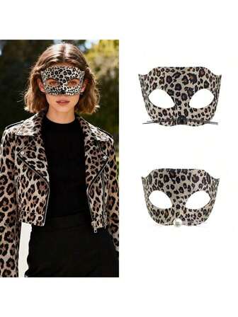 Máscara de media cara de lujo con estampado de leopardo y decoración de perlas negras - Máscara de ojo de gato de leopardo para mujer con perla en la nariz - Disfraz de Navidad - Accesorio para fiesta de disfraces y mascarada de Halloween