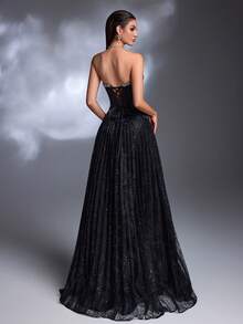 Vestido maxi de encaje plisado 2 en 1 con cuello de volantes y dobladillo de cuentas, hecho a mano de manera elegante y lujosa por AMILUCK. Adecuado para banquetes formales, fiestas de noche, alfombra roja y vestidos de invitada de boda. Color negro, primavera. - Negro - Ver 4