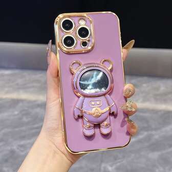 Funda de teléfono plegable con astronauta de espacio estrellado y oso de arena movediza, carcasa suave con electrochapado antichoque compatible con iPhone 17/6/7/8/X/XS/XR/11/12/13/14/15/16, Galaxy S25 S26 A02s-A07-A17-A26-A71, OPPO, Infinix, Honor, Redmi, Moto, Reno, Magic