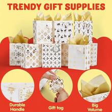 12 Pack Holiday Foil Gold Bags with Tissue Papers and Name Card Tags; Assorted White Winter Prints Party Favors Goody Bags, Xmas Presents, Classrooms and Wrapping Stocking Stuffers. - Aire - Ver 5