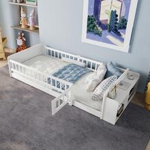 Wooden Bed, Children's Bed, 90 X 200 Cm, Pine, Open Storage, Shelves, Opening Chest, Without Mattress, White - White+Pine Color - View 7