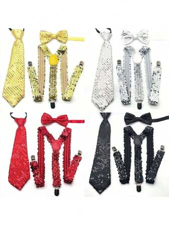 1 Set Men's Sequin Bow Tie, Necktie And Suspender 3 PiecesAccessory Combo
