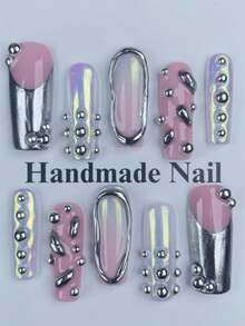 10片装可爱粉色长方形亚克力美甲贴纸套装，3D装饰，Y2K铬金线条美甲设计，朋克风亮面法式美甲贴纸，美甲用品，闪亮假指甲，适合女性和女孩在婚礼当天佩戴 - 粉色 - 查看 2