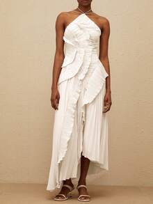 Women's Y2K Halter Neck Long Dress Elegant Sleeveless Backless Ruffles Tiered Cocktail Party Vacation Long Evening Dress - 白色 - 查看 1