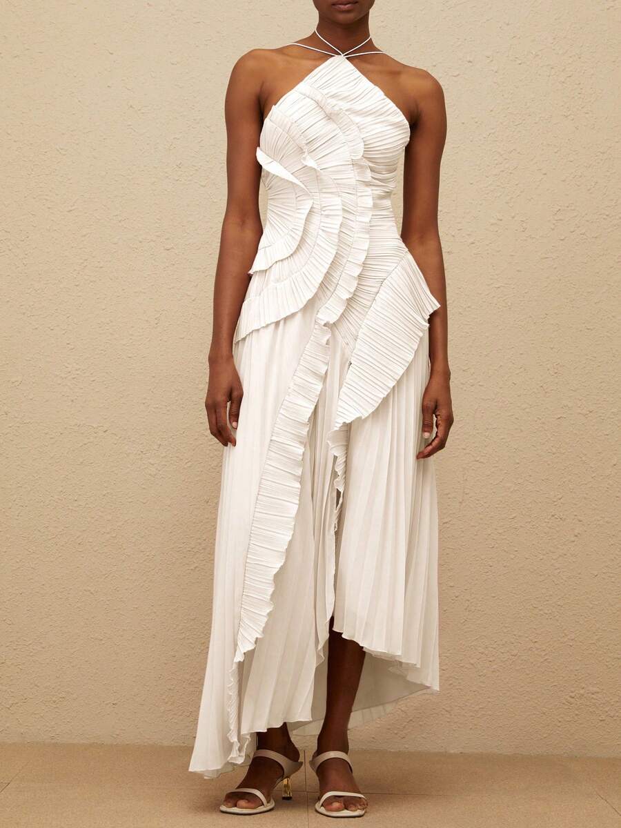 Women's Y2K Halter Neck Long Dress Elegant Sleeveless Backless Ruffles Tiered Cocktail Party Vacation Long Evening Dress - 白色 - 查看 1