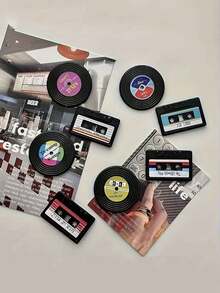 4pcs Retro Cassette Tape Design Refrigerator Magnets, 4.2*3cm And 4.2*4.2cm, Vinyl Record Theme Decorative Stickers For Home, Room, Kitchen, Office Decor, Fridge Magnets, Home Accessories - Multicolor - View 4
