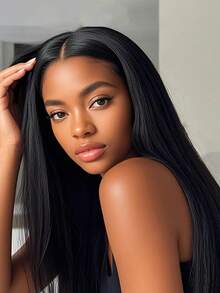 直发 4x4 蕾丝前部假发 人发预拔透明蕾丝前部假发 女士 150% 密度原生发 - 黑色 - 查看 3