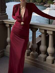 Women's Elegant Sexy Simple Slim Deep V Neck Metal Buckle Waist Hip Solid Color Knitted Minimalist Burgundy Party Fashion Dresses, Fall Winter - Burgundy - View 9