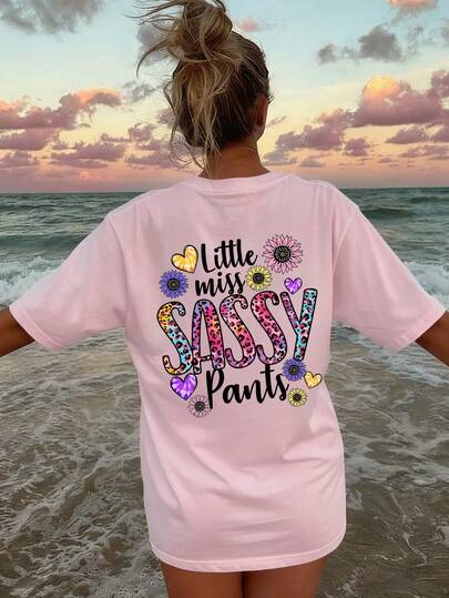 1pc Girls Casual Floral & Leopard Print Round Neck Short Sleeve T-Shirt, Colorful & Fashionable, Suitable For Valentine's Day