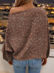 Keke Bloomly Women's Brown Loose Romantic Elegant Asymmetric Shoulder Design Lantern Sleeve T-Shirt, A Unique Shiny Top Made Of Small Reflective Sequins, Suitable For Daily Outings, Parties, Back To School Season, And Gatherings, Fashionable And Versatile Women's Top, Women's Valentine's Day Casual Spring - Brown - View 4