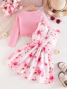 2pcs Girls Spring/Autumn Outfit - Ruffle Trim Jacket Paired With Sleeveless Floral Print Dress With Bow Decor, Elegant Set - Pink - View 2