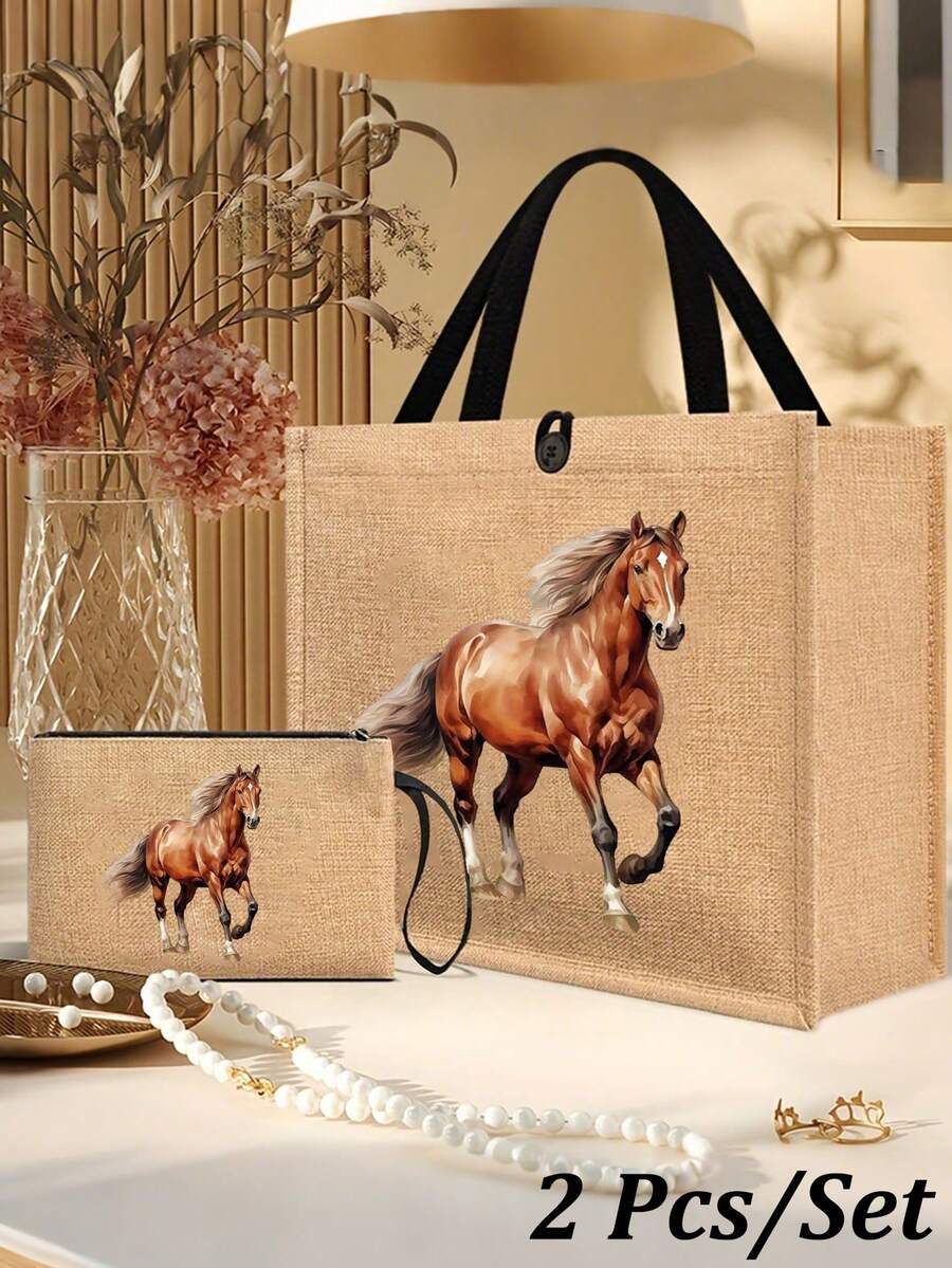 奔马印花亚麻手提包套装，简约大容量单肩包配便携式化妆包，休闲收纳手提包，多功能购物袋，个性化礼品袋或午餐袋 - 全新设计 - 彩色 - 查看 1