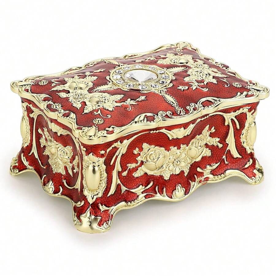 Hipiwe Vintage Jewelry Box, Small Enameled Trinket Box Organizer Rectangular Treasure Chest Box Jewelry Decorative Box Keepsake Gift Box Case For Women,3.7x 2.7x 2 Inch,Small,Red - Red - View 1