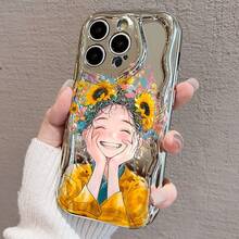 電気めっき防摔スマホケース 笑顔の向日葵少女イラストデザイン for  17promax,16pro,15plus/14/13/12/11 クッション構造で落下衝撃緩和 高級感ある外観 スクラッチ防止 携帯電話をおしゃれに保護 使い心地快適 ユニークなデ - シルバー - チェックする 1
