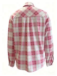 Women's Regular Fit Pink Plaid Button-Down Long Sleeve Polyester Shirt With Pockets - Pink - View 4