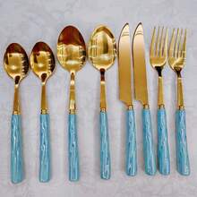 8/20pcs Golden Unique Stainless Steel Tableware, Beautiful Silverware Old-Fashioned Elegant Colorful Ceramic Handle Steak Knife, Dessert Spoon, Fork And Spoon - Multi-Color Creative Tableware Porcelain, Perfect For Daily Dining And Holiday Gatherings