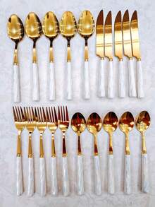 8/20pcs Golden Unique Stainless Steel Tableware, Beautiful Silverware Old-Fashioned Elegant Colorful Ceramic Handle Steak Knife, Dessert Spoon, Fork And Spoon - Multi-Color Creative Tableware Porcelain, Perfect For Daily Dining And Holiday Gatherings